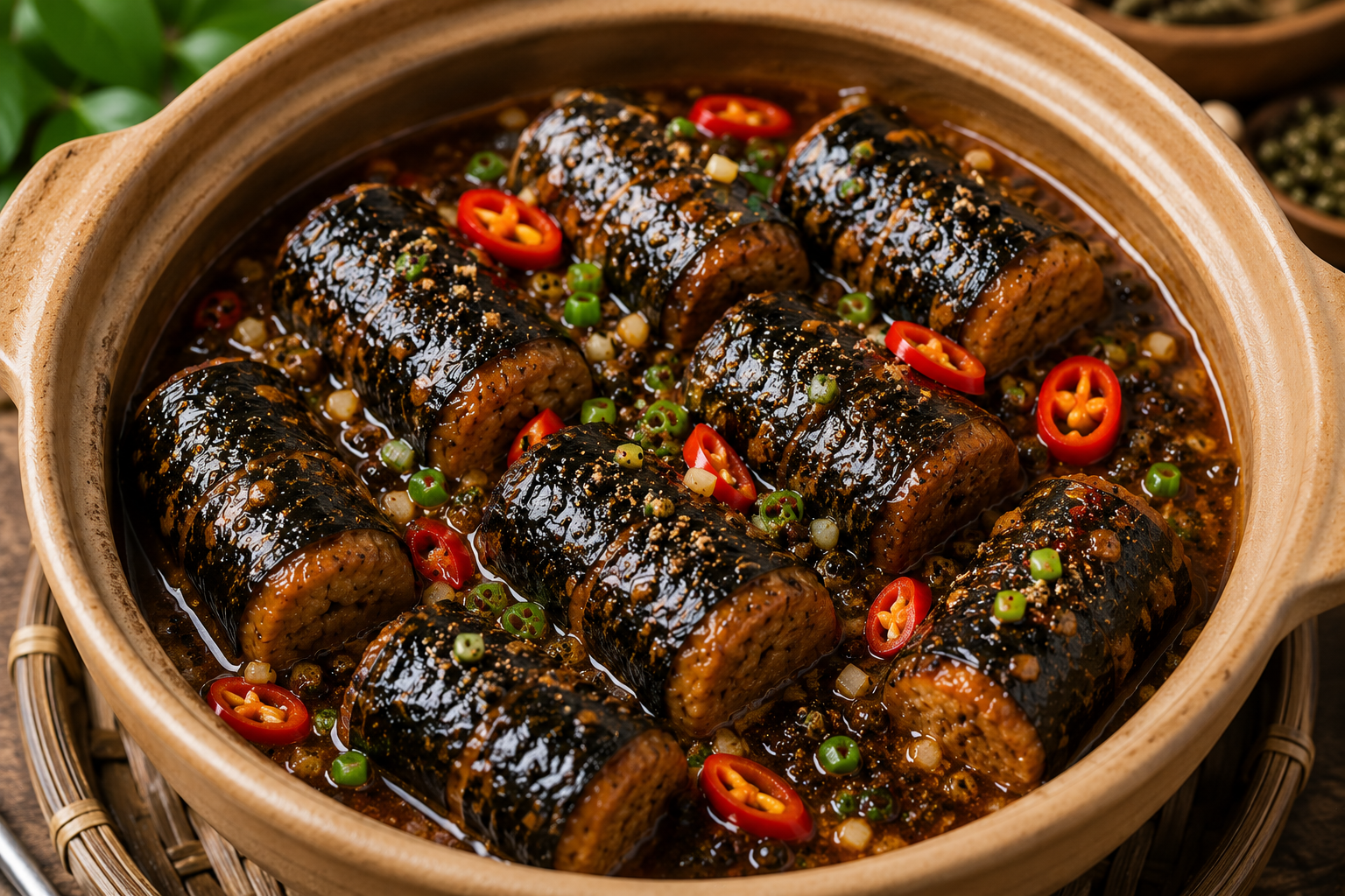 noi-ca-loc-chay-kho-tieu-len-mau-canh-gian-sanh-min-thom-nong-vi-tieu Nồi cá lóc chay kho tiêu lên màu cánh gián sánh mịn, thơm nồng vị tiêu.